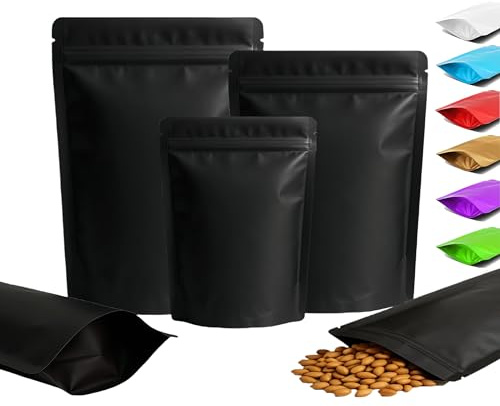 Plaphy 100 Bolsas Zip Doypack Herméticas, Stand Up Pouch de Colores Mate, Bolsas Mylar de Aluminio de Pie con Cierre Resellables para Empaque y Almacenamiento de Alimentos (Negro, 15 x 22 cm)