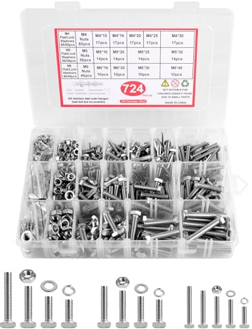 LALAGO 724 Pcs M4 M5 M6 304 Acciaio Inossidabile Esagonale Standard Bullone Kit di Bulloni e Dadi Rondelle, Elastico Viti a Testa Esagonale, Bulloni, Viti a Testa Esagonal, Bulloni e Dadi Set