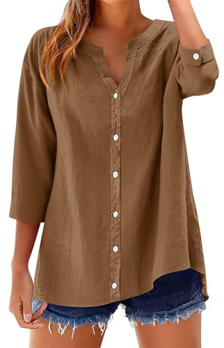 Rapbin Chemisier pour femme à manches 3/4 en coton et lin - Col en V - Boutonnière - Uni - Tunique - Décontractée - Manches enroulables