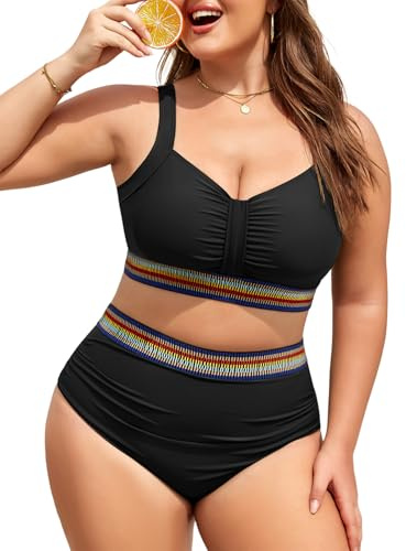 UMIPUBO Bikini Mujer Talla Grande Cintura Alta Push Up Cuello En V Sexy Bañadores Pliegues Control Abdominal Reductores Talle Alto Traje De Baño 2 Piezas Biquinis Conjunto