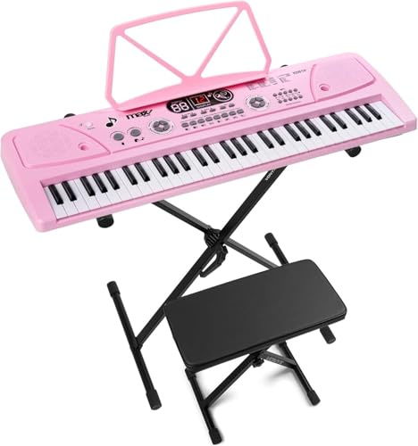 MAX KD61P – Piano infantil digital 61 teclas con soporte y banqueta, batería recargable, micrófono, grabación, display LED, ritmos y acordes, ideal teclado musical para niños y principiantes