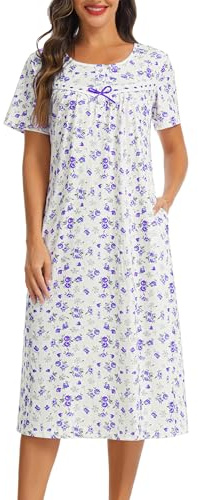 Lovasy Nighties for Women Long Cotton Nightdresses for Women UK Button Front Ladies Nighty Short Sleeve Nightshirts Night Dress with Pockets,Purple Flower,M