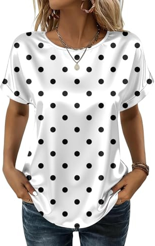 Camiseta de satén para mujer con puntos, elegante blusa suave, cuello redondo, seda, brillante, manga corta, top festivo, mujer, casual, verano, tops, holgado, brillante, blusa de camisa, 01-blanco, M
