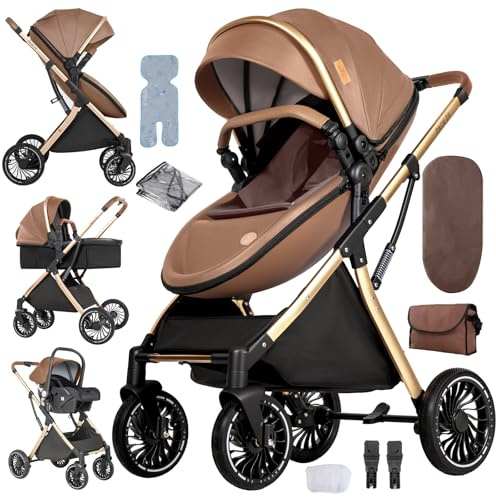 Veitoalioy Cuero PU Carrito Bebe 3 en 1, Asiento Cochecito Plegable, Cochecito de Bebé Conveniente y Multifuncional Viene con accesorios, Plegable Carrito de Paisaje Alto (V6 Khaki)