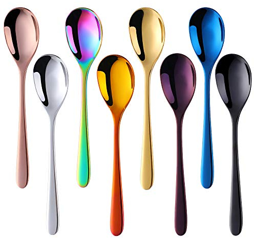 SBOMHS Cuillères à dessert en acier inoxydable 18/8-8 cuillères à café multicolores 15 cm Cuillères à expresso - Cuillères à glace pour café, thé, tasse, lait, céramique - 8 couleurs