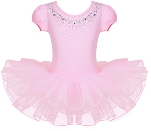 FEESHOW Mädchen Ballettkleid Kinder Ballett Trikot Leotard mit Tutu Rock Spitze Tanzkleid Ballettbekleidung Gr.92-122 Rosa 104-110