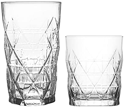 LAV 12 pièces Keops Art Déco Verrerie - Verre Vintage Cut Highball Cocktail Whisky Gobelets - 460ml | 345ml