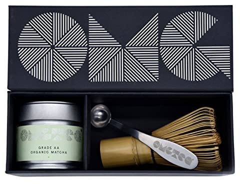 OMGTea GIFT SET Organic Japanese Matcha Green Tea Powder. Ceremonial. 30g/30 servings. Includes Handmade Bamboo Whisk and OMGTea measuring Spoon. (Ceremonial AA Grade Set)