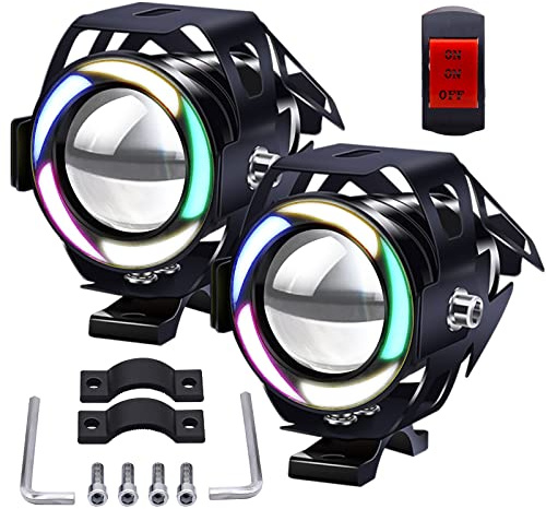 Biqing 1 Par U7 Faros de Motocicleta Luces de Niebla con Vistoso Angel Eye,Universal Faros Auxiliares de Moto 12V/24V Faro Adicional Moto con Interruptor de Motocicleta