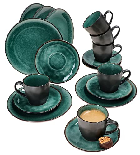 MamboCat Reactive Glaze Green 18tlg. Kaffeeservice I 6 Personen I Mintfarbenes handgefertigtes Geschirr-Set mit Kupfer-Optik I Je 6X Kaffeetasse, Untertasse & Kuchenteller I Steingut