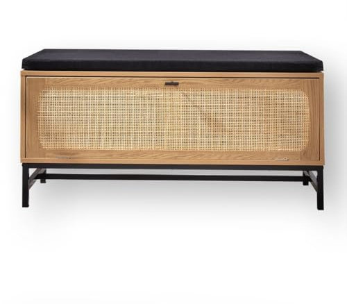 Calicosy - Banc Rangement Chaussures - Façade Rotin - Décor Bois - Panneaux Particules - Finitions Métal - Coussin Tissu - Porte Rabattable - Entrée Dressing - Style Industriel - L100 x P38 x H47cm