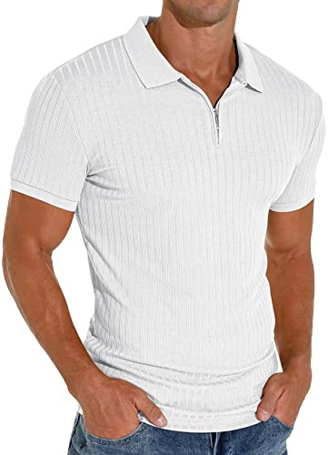 Askdeer Men's Polo Shirts Slim Fit Short Sleeve Zipper Polo T Shirt Muscle Golf Shirt Casual Classic Tee White