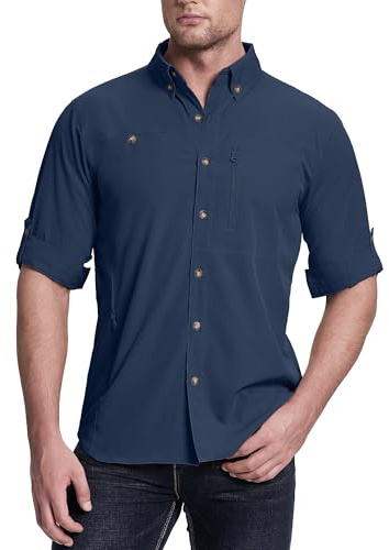 33,000 fot safari-skjorta herr långärmad sportskjorta UPF50 UV-skydd funktionell skjorta andas button-down skjorta med fickor för vandring fiske resor, Marinblå, XXL