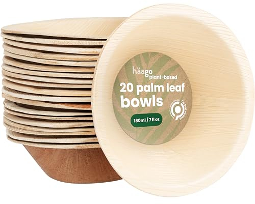 HAAGO 20 cuencos de hoja de palmera compostables y desechables (180 ml, redondos) - Vajilla ecológica para picnic y exterior - Congelador y microondas