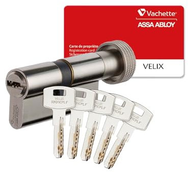 Vachette Cylindre à Bouton VELIX 40x40 - Finition Nickelée - Résistance Bumping, Perçage et Crochetage - 5 Clés Réversibles, Carte de Propriété et Brevet Exclusif jusqu'en 2036 - Garantie 2 Ans