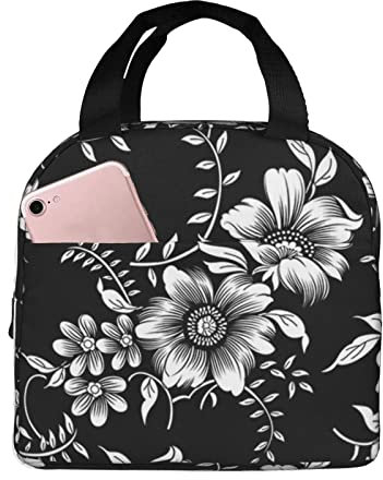 XVBCDFG Bolsa de almuerzo negra con flores para oficina al aire libre, papel de aluminio portátil, aislamiento grueso y bolsa Bento para mantener fresco