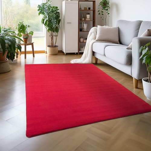 Carpettex Teppich Wohnzimmer Anti-Rutsch Teppich Waschbar in Waschmaschine 140 x 200 cm Rot - Moderner Flauschiger Kurzflor Teppich Extra Weich Schlafzimmer Küche Flur Esszimmer Kinderzimmer