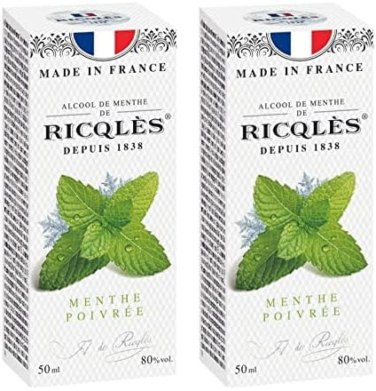 RICQLES - ALCOOL DE MENTHE- Menthe poivrée Liquide - Format voyage- Fabrication française- Flacon rond de 50 ml, Préparation au urgence (Lot de 2)