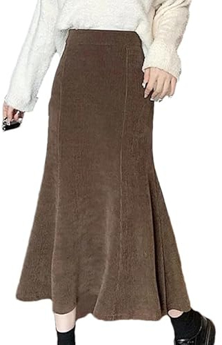 Yeuyyben Jupe longue en velours côtelé pour femme Automne Hiver Volants Taille Haute Midi Jupes Femmes Dos Élastique Jupes, café, 48