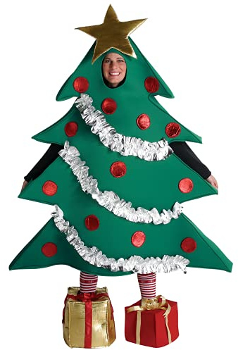 Niceyoeuk Adults Kids Christmas Tree Costume Cosplay Set Green Xmas Tree Shaped Stage Performance Costume+Gift Shaped Shoes Unisex Clothes Set (Green Adults, One Size)