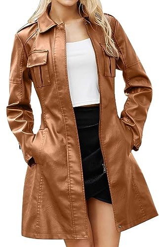 GULASISI Veste mi-longue en cuir pour femme Trench Coat Britannique ouvert sur le devant Manteau en cuir avec ceinture/Taille britannique/Vêtements d'hiver pour dames Solde/Expédition 7 jours, marron,