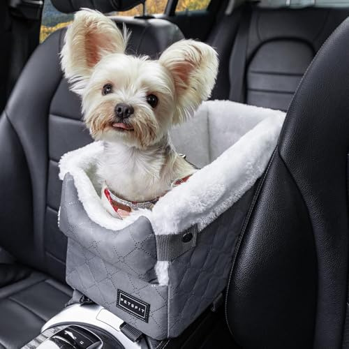 PETSFIT Hundstol Mittkonsol Bil, Bilstol Hund Mittkonsol med förbättrade säkerhetsbälten, tvättbar, tjock kudde, Hundbilstol för små hundar upp till 4KG