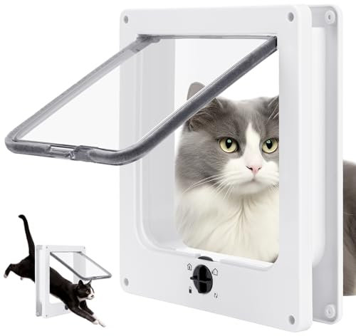 Katzenklappe Innentür-Tür mit 4-Wege,27 * 23 * 5,5 cm Katzenklappe, Katzentür, Einfache Installation Katzentür Haustiertür, für Innen Außentür, Fenster,Wand (Weiß, L)