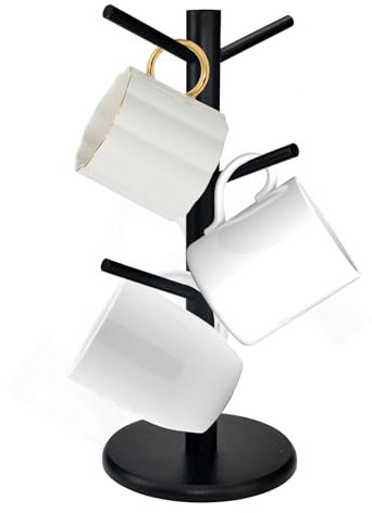 KYYGKY Porte-Gobelet à Café en Bois Avec 6 Crochets - Arbre à Tasses, Support Mug Suspendu pour Comptoir Cuisine (Noir)