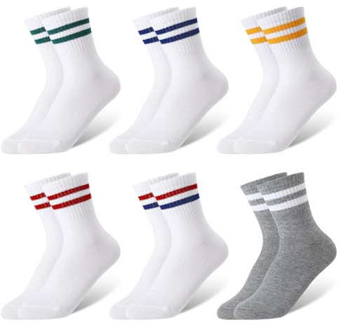 Zuimei 6/8 pares de calcetines para niños, calcetines deportivos de algodón para la escuela, a rayas, calcetines atléticos, calcetines elásticos casuales para niñas y niños, Rayas blancas, rayas