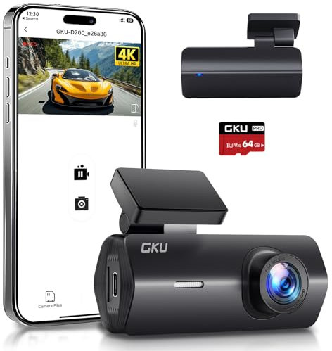 GKU 4K Dash Cam,Dash Cam Front with UHD 2160P, DashCam Built-in WiFi,24H Parking Monitor,Night Vision,WDR,170° Wide Angle,Loop Recording,G-Sensor,DashCam Front Includes 64GB SD Card,Supports 256GB Max
