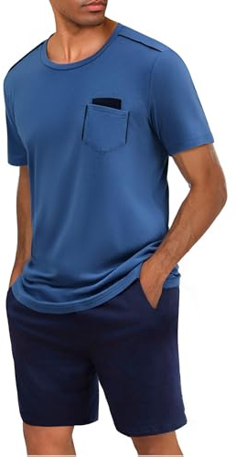 Uniexcosm Pijama Hombre Corto Verano Algodón Conjunto de Pijama Manga Corta con Cuello Redondo y Pantalones Cortos Ropa de Dormir,Z1-Azul Cobalto,L