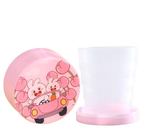 Faltbare Becher für unterwegs,Faltbarer Becher - Klappbarer Campingbecher mit Cartoon-Deckel - Niedlicher, leichter, erweiterbarer, Auslaufsichere, wiederverwendbare Flasche im Taschenformat mit