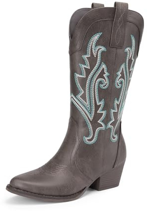 DREAM PAIRS Botas vaqueras bordadas para mujer, punta puntiaguda, tacón bajo, botas occidentales de media pantorrilla para fiesta temática, concierto de campo, Marrón oscuro, 39.5 EU