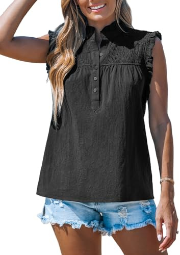 CUPSHE Camicetta da donna in cotone, senza maniche, collo alto, estiva, elegante, con volant, Nero , S