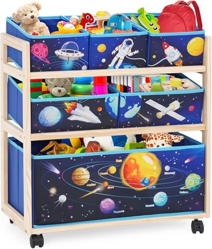 EULEUY Scaffale Portagiochi Bambini, Contenitore Giochi con 6 Scatole, Organizer per Giocattoli a 3 Livelli, Scatola Porta Giocattoli per Cameretta Bambini, Scuola, Asilo, Motivo Pianeta (Blu)