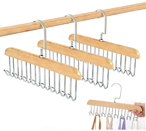 Vunanvu 3 PCS Soportes para Cinturones para Armario, Perchas para Cinturones de 28 cm con Ganchos, Estante de Madera para Guardar Cinturones y Corbatas, Colgadores para Cinturones Giratorios de 360°