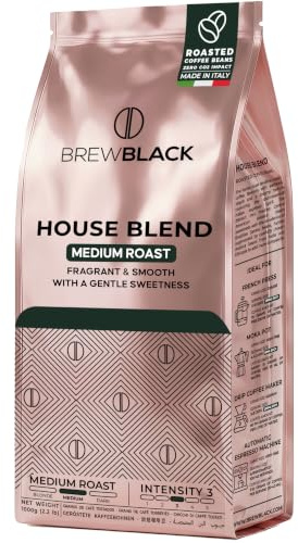 BrewBlack House Blend Coffee Beans, Smooth Medium Roast | Intensity 3/5, Full-Bodied, 100% Arabica, Made in Italy