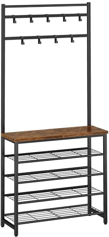 IBUYKE Coat Stand with Shoe Storage, 188cm Coat Rack with Shoe Rack, 5 Tier Shoe Storage Organizer with 9 Movable Hooks for Entryway Hallway Foyer Mudroom Bedroom, Rustic Brown and Black TXJ007H