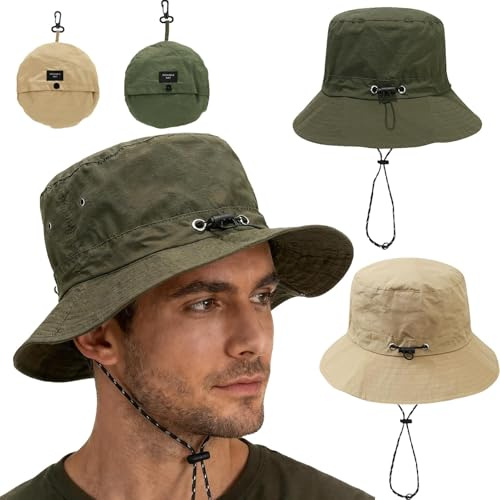 JYJLLM Set di 3 cappelli da pescatore con polsini – 2 cappelli da pescatore (1 kaki + 1 verde militare) + 1 scaldamuscoli (grigio), cappello da pescatore pieghevole per uomo e donna, cappello da sole