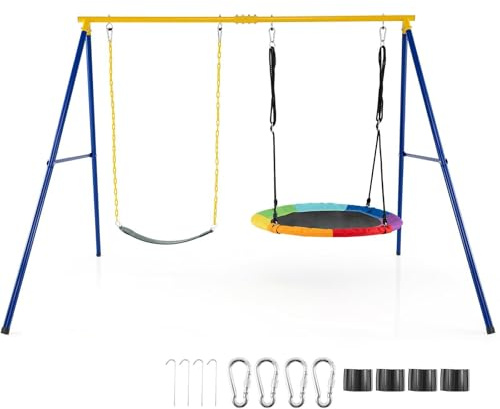 RELAX4LIFE Altalena Doppia da Giardino Modello 2026 con Struttura Portante 300kg, 2 Posti: Altalena a Nido 100cm+Sedile Classico per Bambini e Adulti, Gioco Interno/Esterno, 4 Picchetti Più Spessi