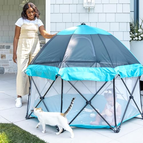Regalo Safety My Play Deluxe Extra Large Baby Playpen & Portable Play Yard with Canopy, Foldable 8-Panel Indoor Outdoor Playpen for Babies & Toddlers, Mesh Sides, Washable Nylon Bottom, 62, Aqua