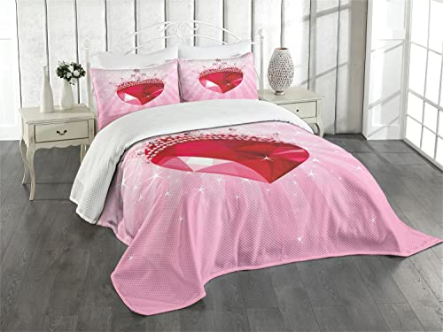 ABAKUHAUS Königin Tagesdecke Set, Rote Herz-Kronen-Mädchen, Set mit Kissenbezügen Waschbar, für Einzelbetten 170 x 220 cm, Pink Rot