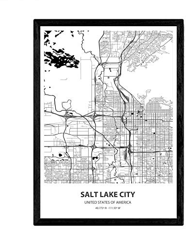 Nacnisk affisch med karta över Salt Lake City - USA. Blad av amerikanska städer med hav och floder i svart färg. A3-storlek