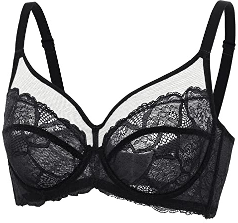 DOBREVA Femme Soutien Gorge Transparent avec Armature Minimiseur Dentelle Bralette Noir 95C
