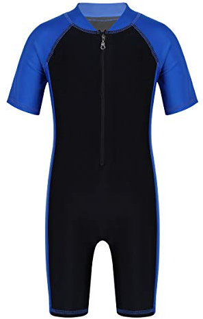 Kaerm SurBarn kort pojke flicka baddräkt kortärmad dykdräkt baddräkt i ett stycke sportig för vattensport strand, Blå och svart, 122-128