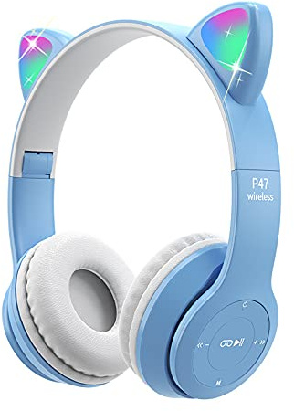 Auriculares para niños Joso, Auriculares LED con Oreja de Gato y micrófono para Aprendizaje en línea, Viajes, Tablet, Smartphone, Auriculares Plegables para niñas y niños Mayores de 7 años (Azul)