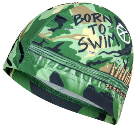 IMSPIRA Gorro Natacion Tela Verde Camuflaje Adulto Nino diseño Cine Retro Born to Swim Divertido Hombre Mujer Original Entrenamiento Natacion Club Escuela Deporte acuatico aquagym Piscina Regalo