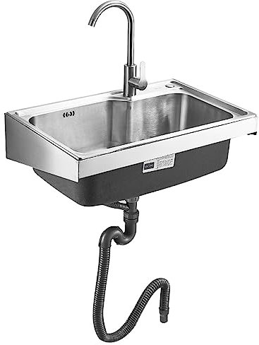 Stainless Steel Kitchen Sink,Single Bowl Commercial Wall Mounted Utility Sink with Hot Cold Water Tap,Portable Handwash Station,for Laundry/Garage/Restaurant (38x32cm)
