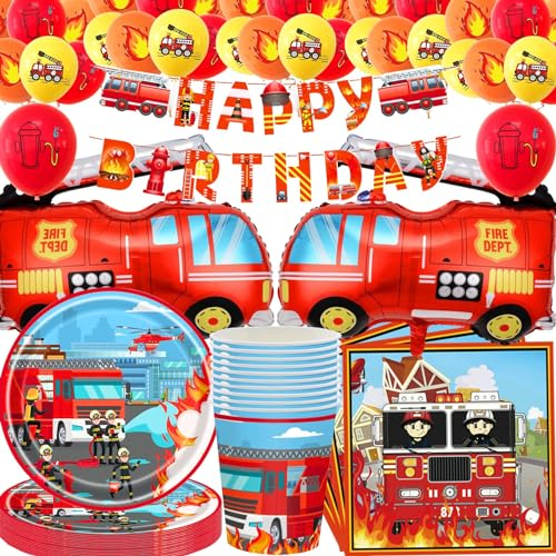 Feuerwehrauto Geburtstag Deko Set,80 Stück Feuerwehrauto Partygeschirr mit Folienballon Partyzubehörset,Feuerwehrmann Pappteller Tassen Servietten banner Luftballon Kinder Party Deko 20 Gäste