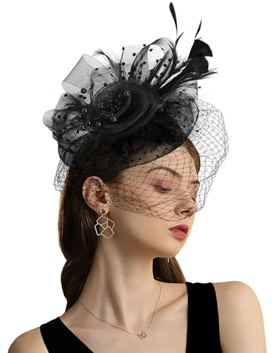 Focupaja Fascinator Hüte Damen Pillbox Hut mit Mesh Schleier Federn Derby Stirnband Hochzeit Kopfbedeckung Tea Party Haarspange 1950er Vintage Fascinator W4-48-Schwarz